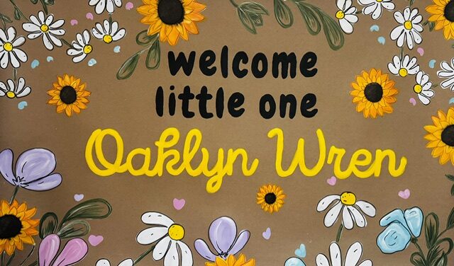 Welcome Little One Oaklyn Wren hand-painted baby shower banner with sunflowers and daisies