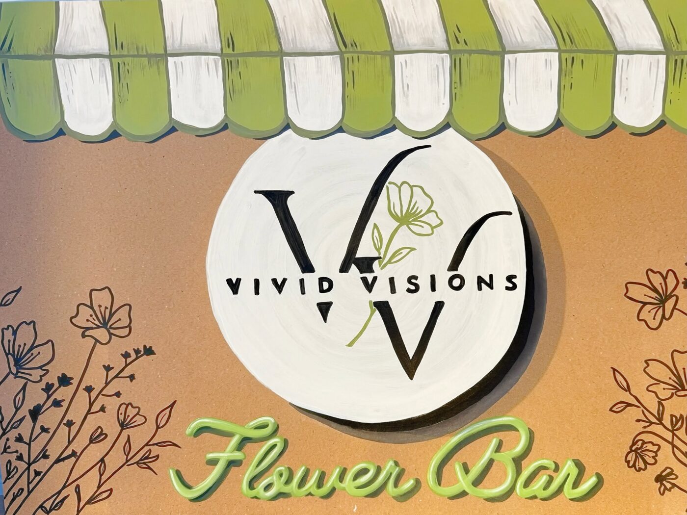 Vivid Visions Flower Bar hand-painted sign with green awning and florals